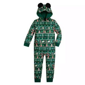 Disney 2024 Christmas Mickey Minnie Fair Isle Green One-Piece Hooded Pajama XXL